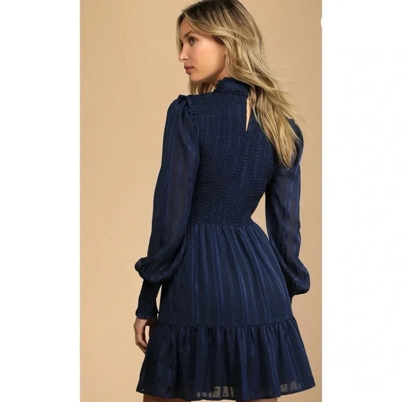 Lulus Navy Heartful Romance Navy Striped Smocked Long Sleeve Mini Dress XL - Picture 2 of 14